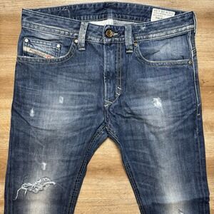 Diesel Jeans Men 29x34 Blue Thavar Slim Skinny Thrash Punk Raw Hemmed 28"‎ 008B9